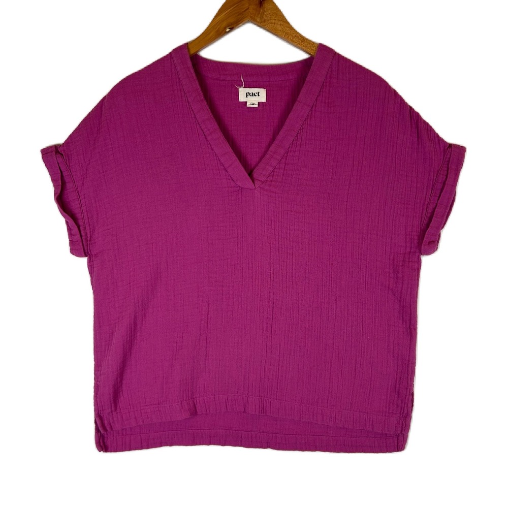 Pact Coastal‎ Double Gauze Cotton V Neck Short Sleeve Casual Top Women's XS/S